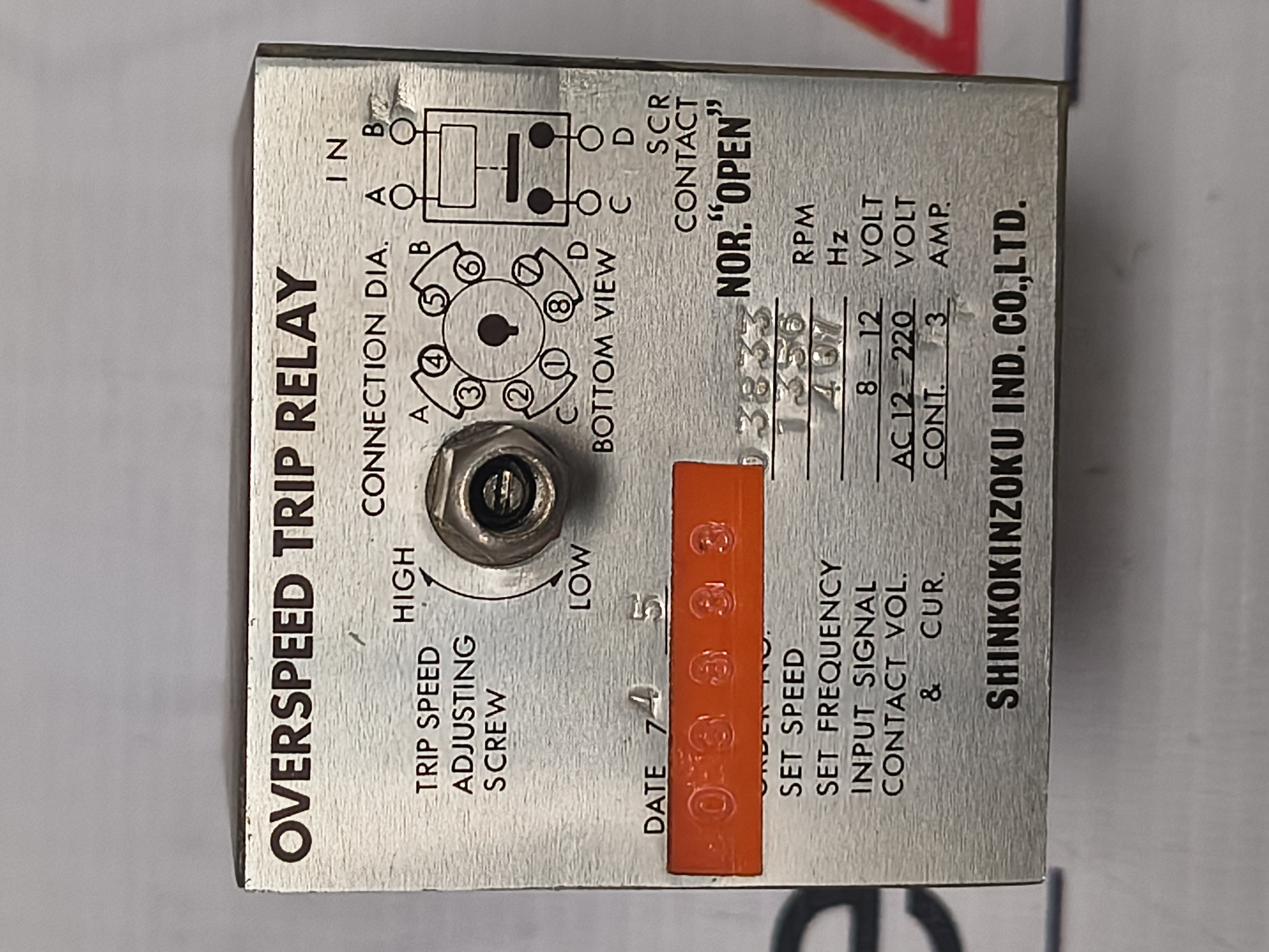 SHINKO OVERSPEED TRIP RELAY OSR 1356 RPM ORDER NO. 03833 USED